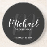 Black Modern Script Personalised Groomsmen Coaster<br><div class="desc">Add a personal touch to your wedding with personalised groomsmen coaster. This coaster features personalised groomsmen's name in white modern script font style and monogram in grey modern script font style as background with title and wedding date in white modern sans serif font style on black background. Also perfect for...</div>