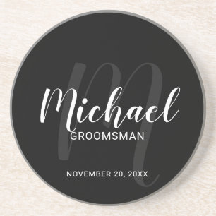 Black Modern Script Personalised Groomsmen Coaster