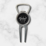 Black Modern Script Personalised Groomsmen Divot Tool<br><div class="desc">Add a personal touch to your wedding with personalised groomsmen divot tool. This divot tool features personalised groomsmen's name in white modern script font style and monogram in grey modern script font style as background with title and wedding date in white modern sans serif font style on black background. Also...</div>