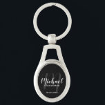 Black Modern Script Personalised Groomsmen Key Ring<br><div class="desc">Add a personal touch to your wedding with personalised groomsmen keychain. This keychain features personalised groomsmen's name in white modern script font style and monogram in grey modern script font style as background with title and wedding date in white modern sans serif font style on black background. Also perfect for...</div>