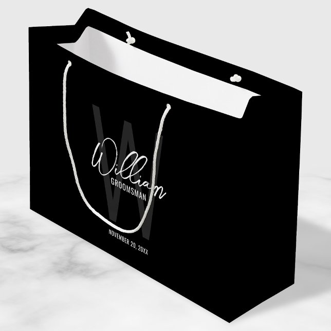 Black Modern Script Personalised Groomsmen Large Gift Bag (Creator Uploaded)