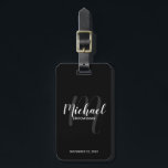 Black Modern Script Personalised Groomsmen Luggage Tag<br><div class="desc">Add a personal touch to your wedding with personalised groomsmen luggage tag. This luggage tag features personalised groomsmen's name in white modern script font style and monogram in grey modern script font style as background with title and wedding date in white modern sans serif font style on black background. Also...</div>