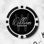 Black Modern Script Personalised Groomsmen Poker Chips<br><div class="desc">Modern Minimalist Personalised Monogram and Name Gifts This design features personalised name in white modern handwriting script font style and monogram in grey modern sans serif font style as background, with title in white modern sans serif font style, on black background. Also perfect for best man, maid of honour, bridesmaids...</div>