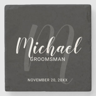 Black Modern Script Personalised Groomsmen Stone Coaster