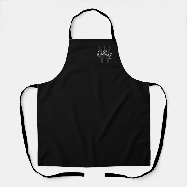 Black Modern Script Personalised Monogram and Name Apron (Front)