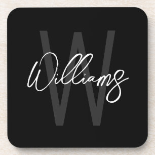 Black Modern Script Personalised Monogram and Name Coaster
