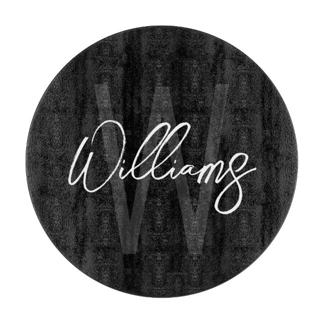 Black Modern Script Personalised Monogram and Name Cutting Board (Front)