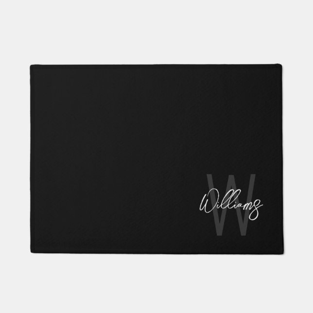 Black Modern Script Personalised Monogram and Name Doormat (Front)
