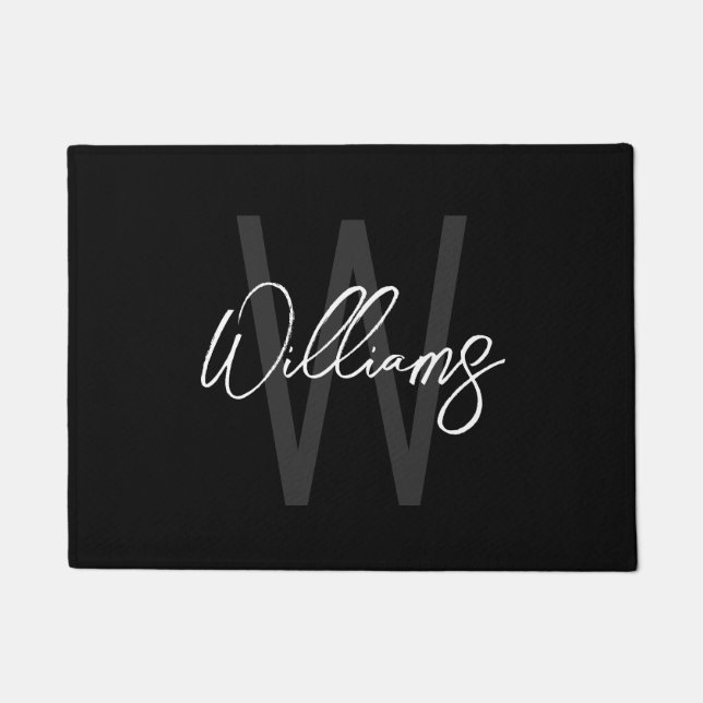 Black Modern Script Personalised Monogram and Name Doormat (Front)