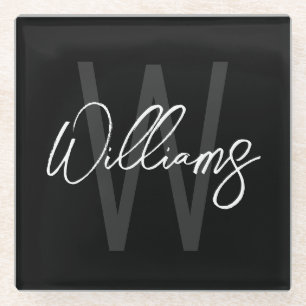 Black Modern Script Personalised Monogram and Name Glass Coaster