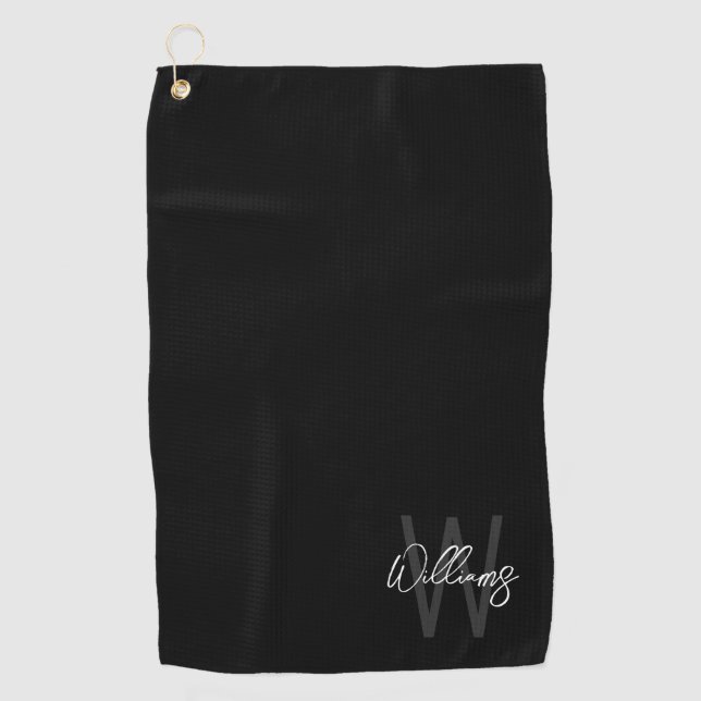 Black Modern Script Personalised Monogram and Name Golf Towel (Front)