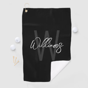 Black Modern Script Personalised Monogram and Name Golf Towel