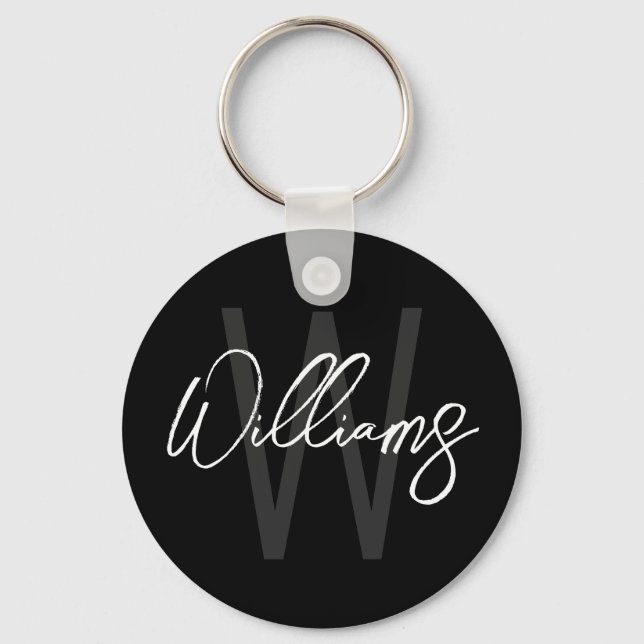 Black Modern Script Personalised Monogram and Name Key Ring (Front)