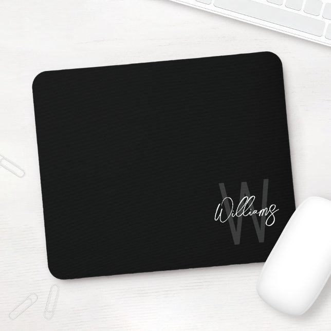 Black Modern Script Personalised Monogram and Name Mouse Mat (Creator Uploaded)