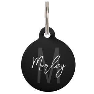 Black Modern Script Personalised Monogram and Name Pet Tag