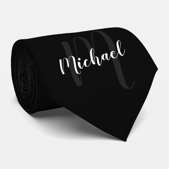Black Modern Script Personalised Monogram and Name Tie (Rolled)