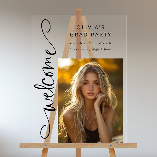 Black Modern Script Photo Grad Party Welcome Acrylic Sign (Shown on an 18" x 24" clear acrylic sign)