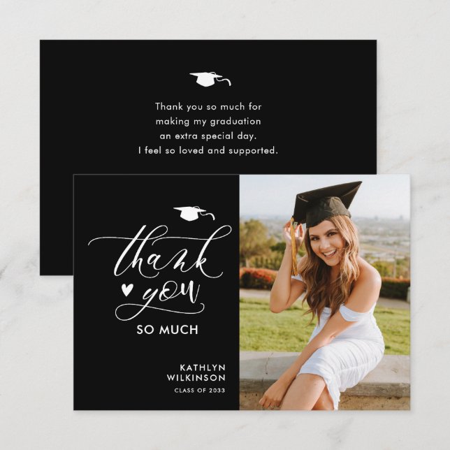 Black Modern Script Photo Minimalist Graduation Thank You Card (Front/Back)