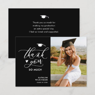 Black Modern Script Photo Minimalist Graduation Thank You Card