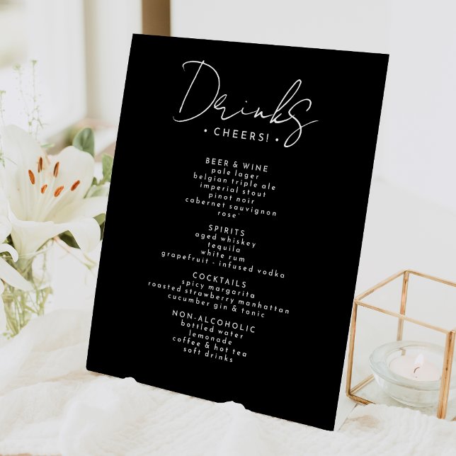 Black Modern Script Wedding Drinks Menu Pedestal Sign (Creator Uploaded)