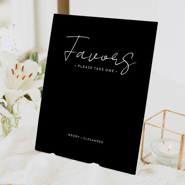 Black Modern Script Wedding Favours Pedestal Sign (Creator Uploaded)