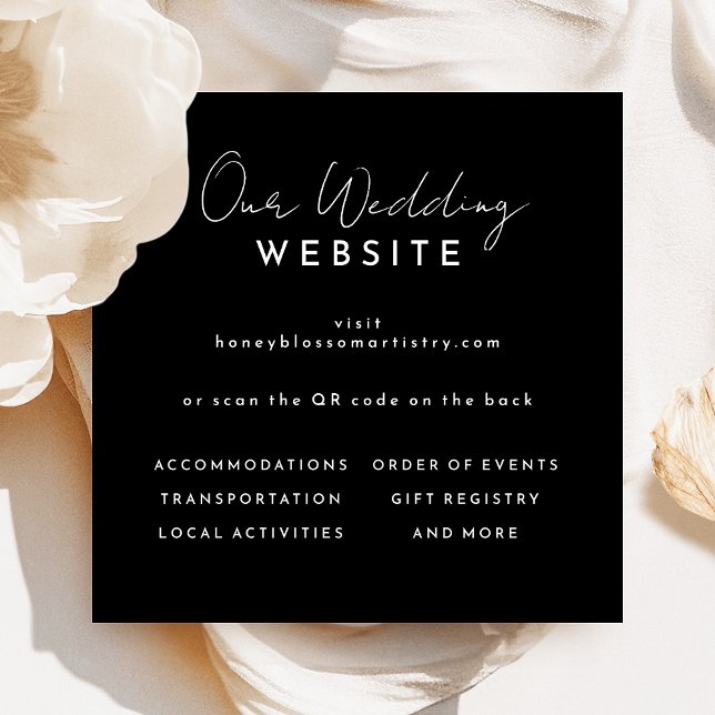 Black Modern Script Wedding Website QR Code Enclosure Card (Creator Uploaded)