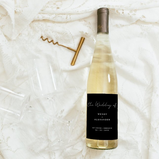 Black Modern Script Wedding Wine Label (Creator Uploaded)