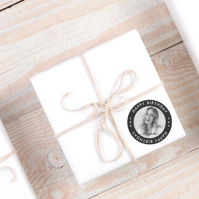 Black Modern Simple Classic Happy Birthday Photo Classic Round Sticker (Black Modern Simple Classic Happy Birthday Photo Classic Round Sticker)