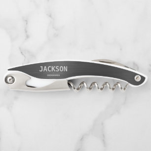 Black Modern Simple Name Personalised Groomsmen Corkscrew