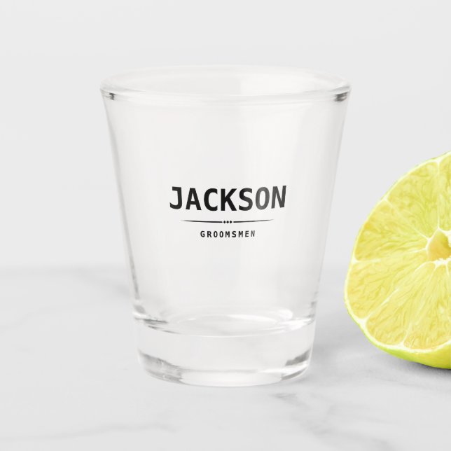 Black Modern Simple Name Personalised Groomsmen Shot Glass (Front)