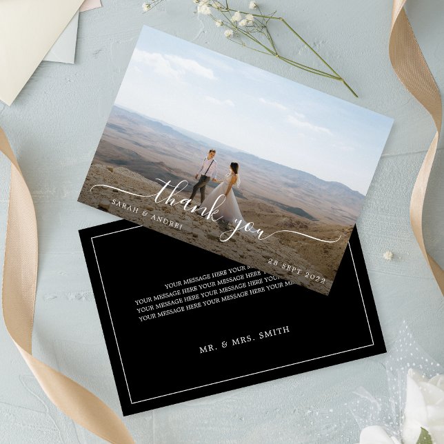 Black Modern Simple Photo Script Wedding Thank You Card (Creator Uploaded)