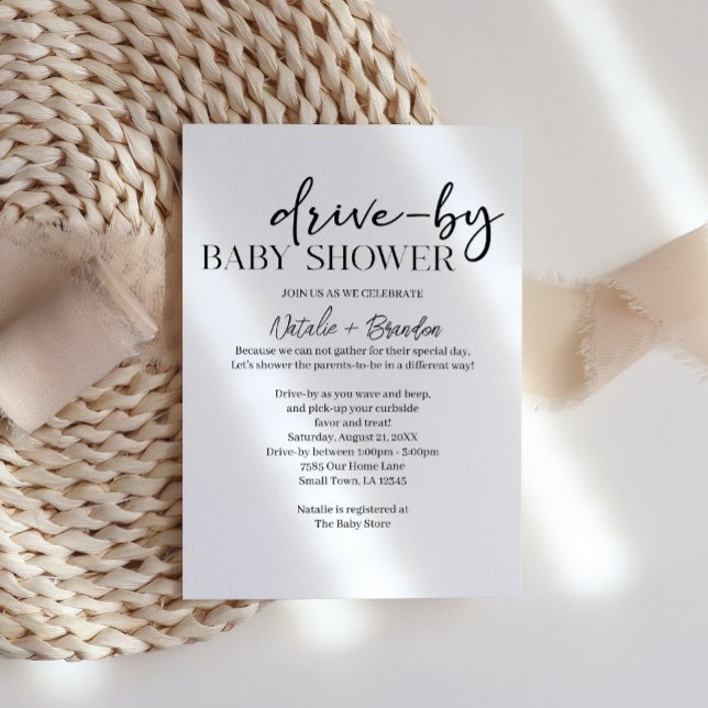Black Modern Simple Script Drive-By Baby Shower Invitation (Creator Uploaded)
