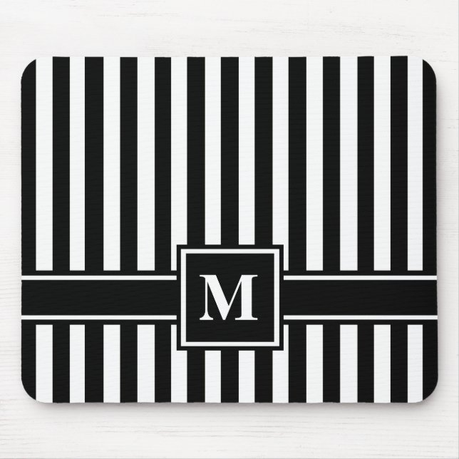 Black Modern Stripe with Monogram Mouse Mat (Front)