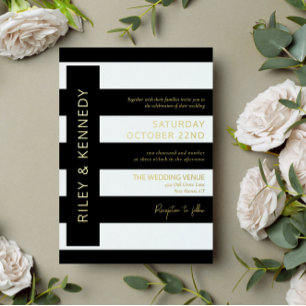 Black Modern Stripes Gold Foil Typography Wedding