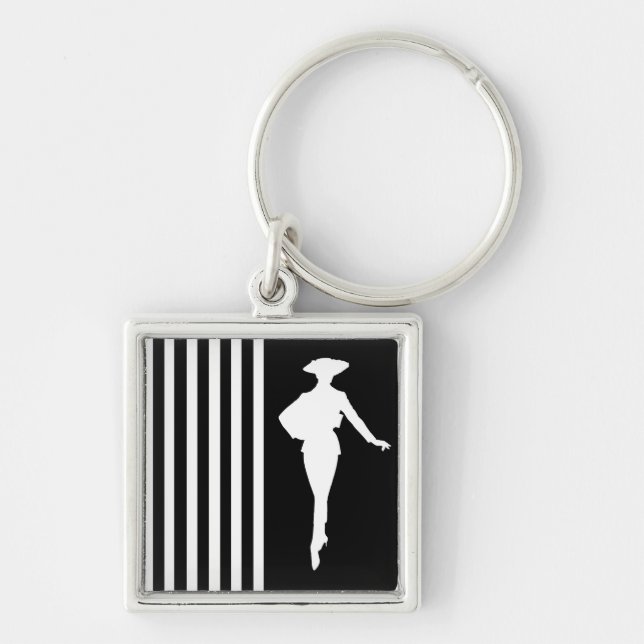 Black Modern Stripes with Fashion Silhouette Key Ring (Front)