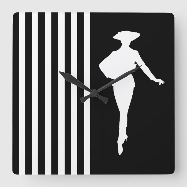 Black Modern Stripes with Fashion Silhouette Square Wall Clock (Front)