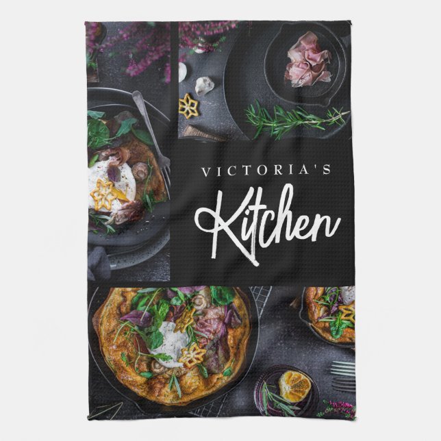 Black Modern Stylish Typography Custom Photo  Tea Towel (Vertical)