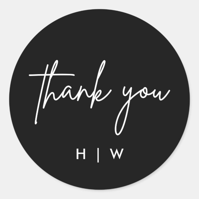 Black Modern Thank You Monogram Wedding Classic Round Sticker (Front)