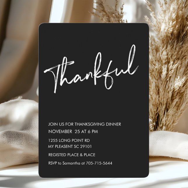 Black Modern Thankful Thanksgiving Dinner Invitation (Creator Uploaded)