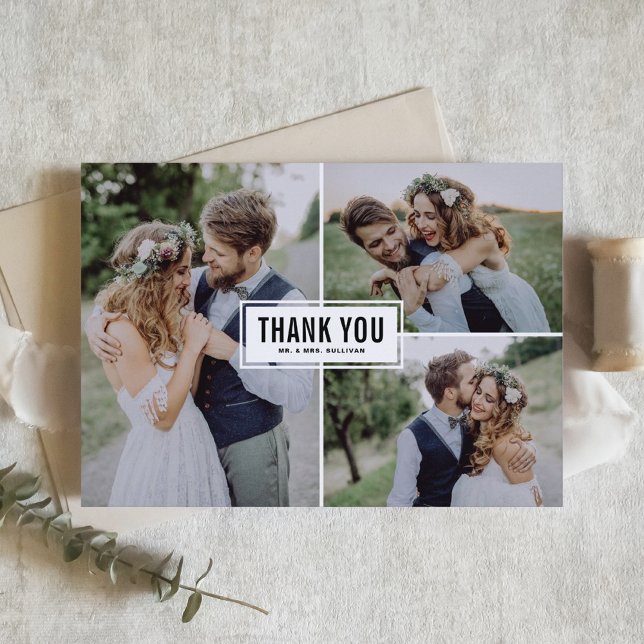 Black Modern Three Photo Collage Wedding Thank You Card (Creator Uploaded)