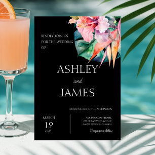 Black Modern Tropical Flowers Greenery Wedding Invitation