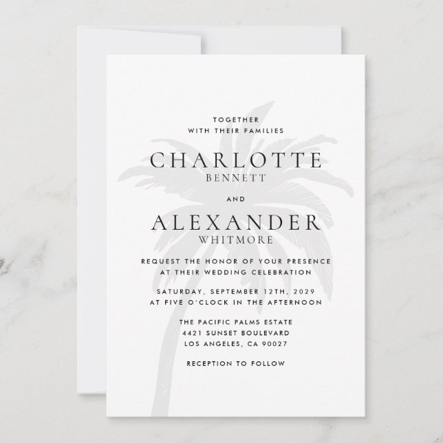 black Modern Tropical Palm Tree Wedding Invitation (Front)