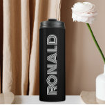 Black Modern Typography Personalised Name Thermal Tumbler<br><div class="desc">Keep hot beverages hot and cold beverages cold with this trendy,  insulated thermal tumbler that is black along with name printed in white,  modern typography. Edit your thermal tumbler and replace name with desired name. Perfect for a birthday gift,  wedding groomsman gift,  etc.</div>