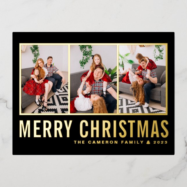 Black Modern Typography Photo Collage Christmas Foil Holiday Postcard (Front)