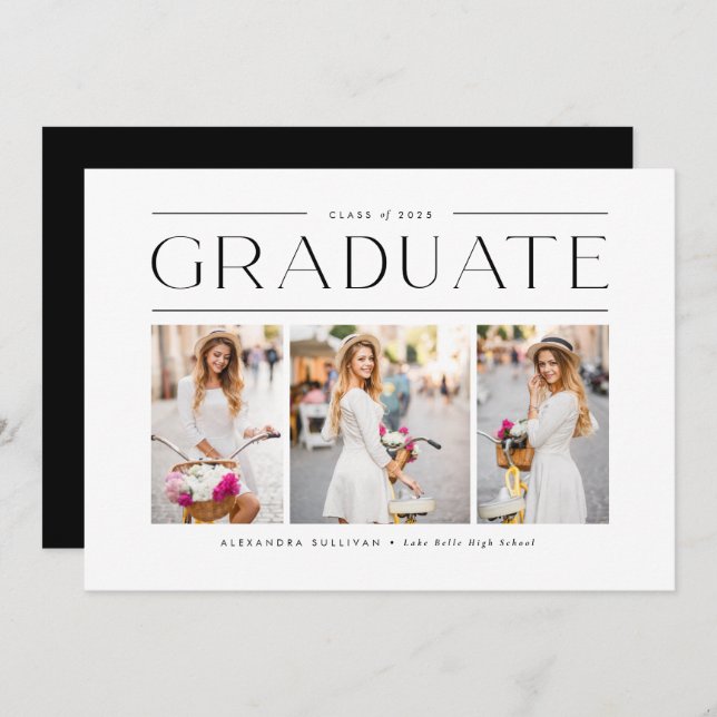 Black Modern Typography Photo Collage Graduation Invitation (Front/Back)