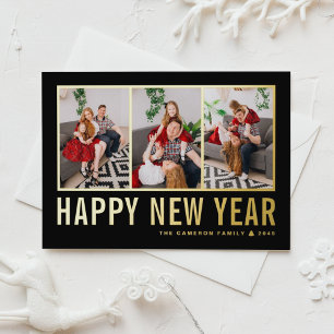 Black Modern Typography Photo Collage New Year Foil Holiday Card