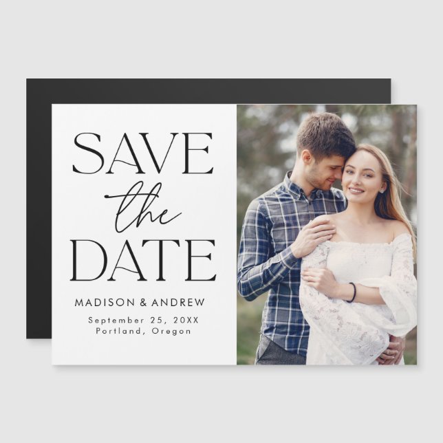 Black | Modern Typography Photo Save the Date Magnetic Invitation (Front/Back)