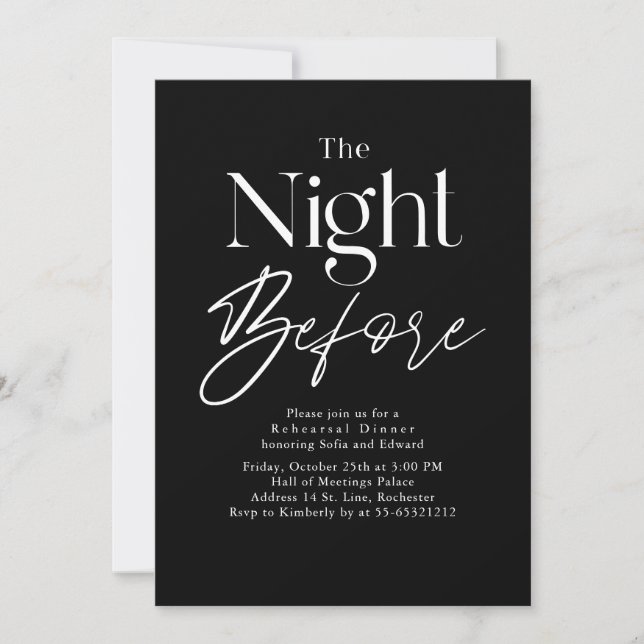 Black Modern Typography Rehearsal Dinner Invitation (Front)