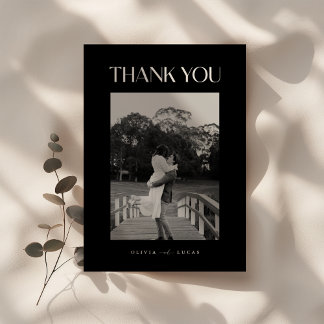 Black Modern Typography Wedding Photo Thank You Card
