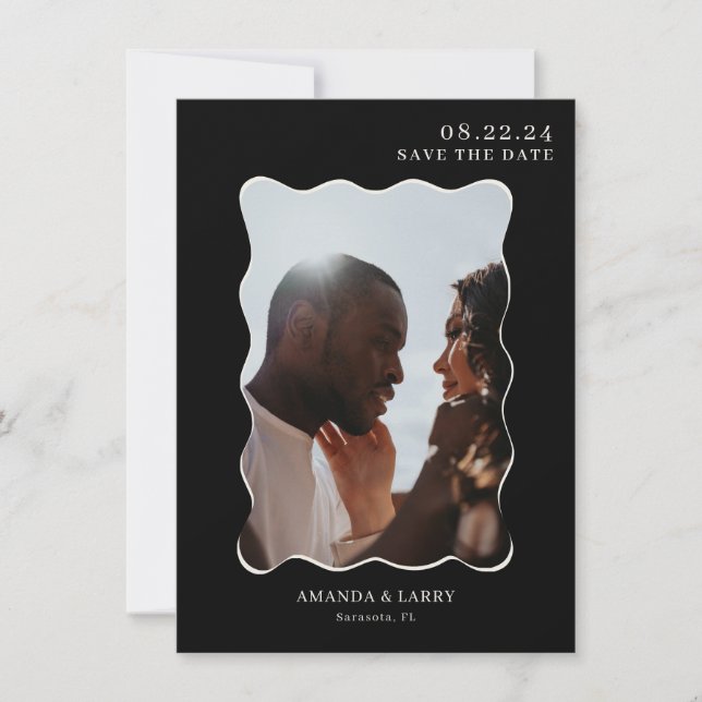 Black Modern Wavy Wedding Photo Save The Date  Invitation (Front)